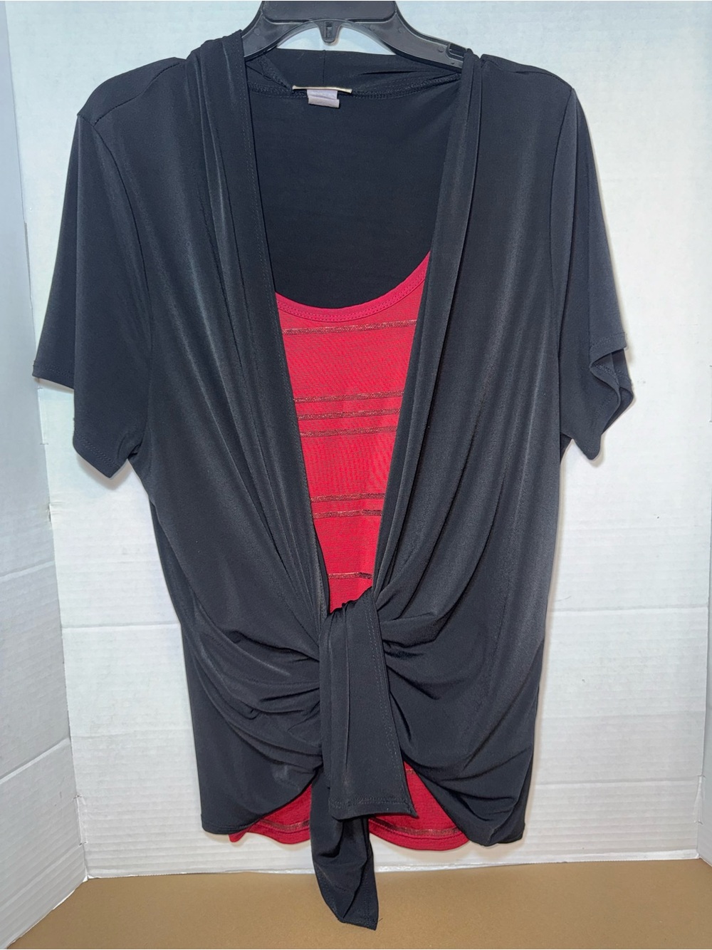 Black Tie-Front Layered Top with Red Tank